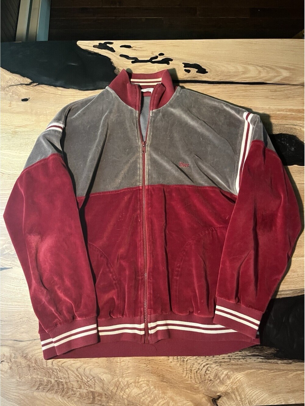 Vintage Christian Dior Men’s Track Jacket Zip Up Burgundy Red Striped Medium